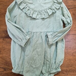 Handmade (Etsy) Linen Green Ruffled Baby Romper
